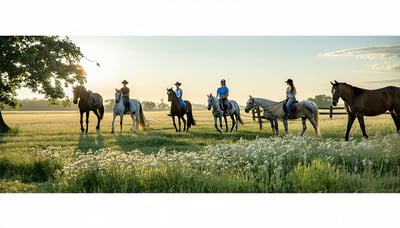 Newsletter illustration featuring horses and riders at Starflower Ranch
